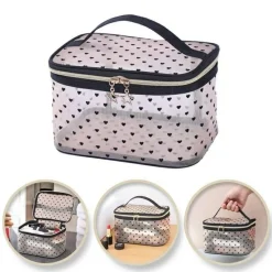 Damen-Kosmetiktasche „Transparent mit schwarzen Herzen“