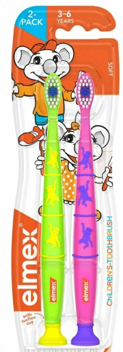 Kinderzahnbürsten (3-6 Jahre), hellgrün + pink mit Affen, 2 St.