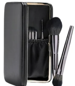 Makeup-Pinselset in schwarzem Etui mit Tasche und Spiegel, 7 Stk.