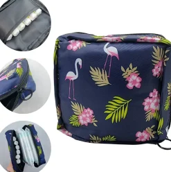 Mini-Tasche für Damenhygieneartikel, Flamingos und Palmblätter, dunkelblau