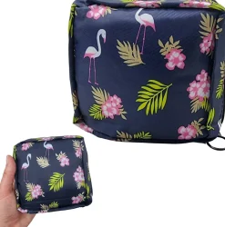 Mini-Tasche für Damenhygieneartikel, Flamingos und Palmblätter, dunkelblau