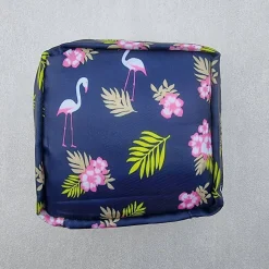 Mini-Tasche für Damenhygieneartikel, Flamingos und Palmblätter, dunkelblau