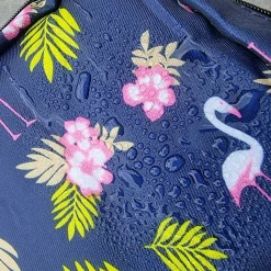 Mini-Tasche für Damenhygieneartikel, Flamingos und Palmblätter, dunkelblau