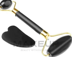 Roller für Gesichtsmassage mit Massageplatte Gua Sha schwarz