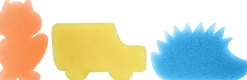 Set aus 3 Badeschwämmen für Kinder, orange Eule + gelbes Auto + blauer Igel
