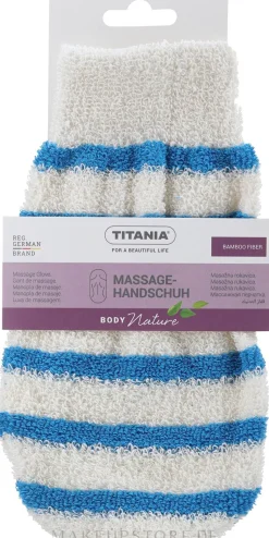 Zweifarbiger Massagehandschuh weiß mit dunkelblauen Streifen